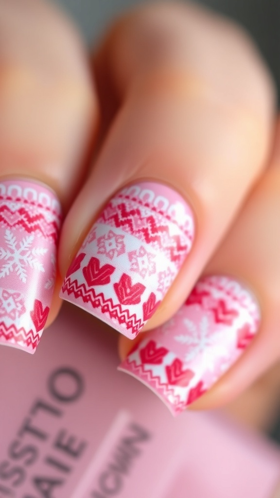 Pink Christmas Jumper Nail Art Design Close-up of pink Christmas jumper nail art with white and red patterns.